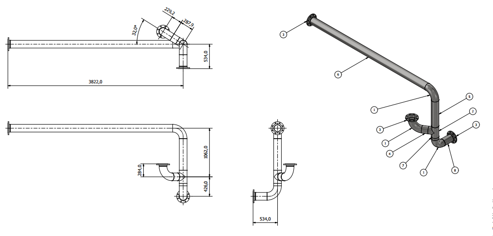 Prefabricated piping assembly modelled in 3D