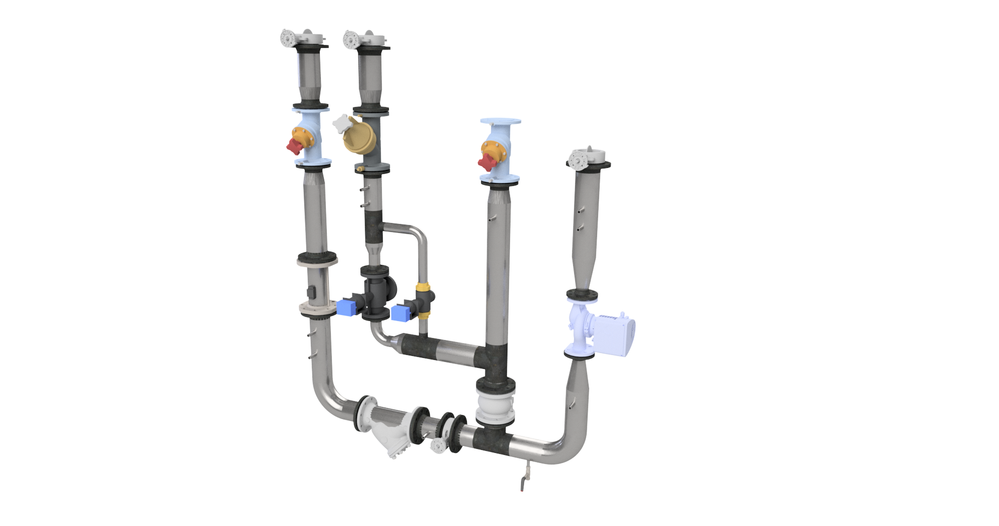 3D model of a prefabricated mixing loop with valves and pump